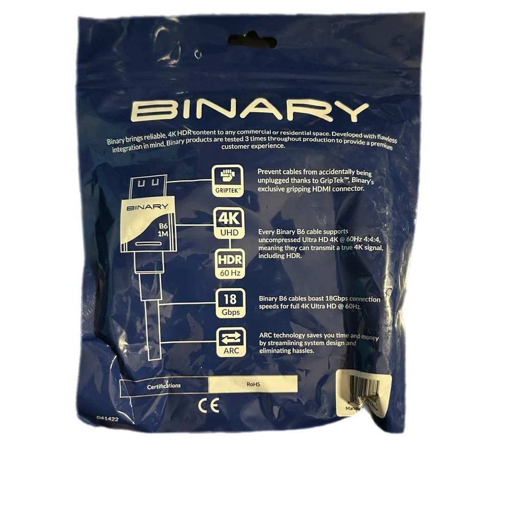 Binary B6 Series 4K Ultra HD Premium Certified GripTek HDMI‎ Cable 1m (3.3ft)